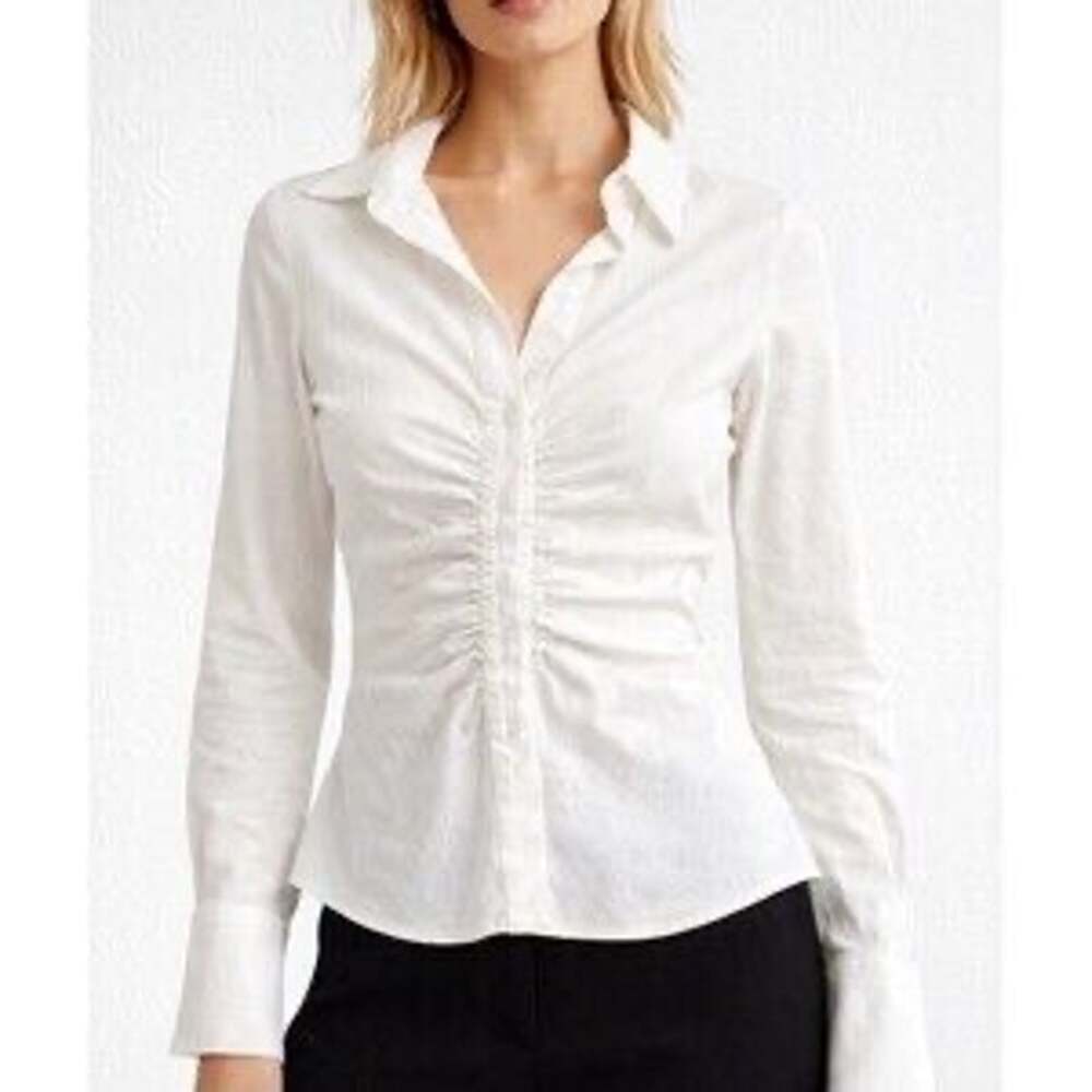 Zara Ruched White Linen Blend Button Up Shirt y2k style Size M
